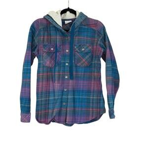 Columbia Hooded Plaid Button Down Shacket Women's S Outdoor Camp Cotton Casual